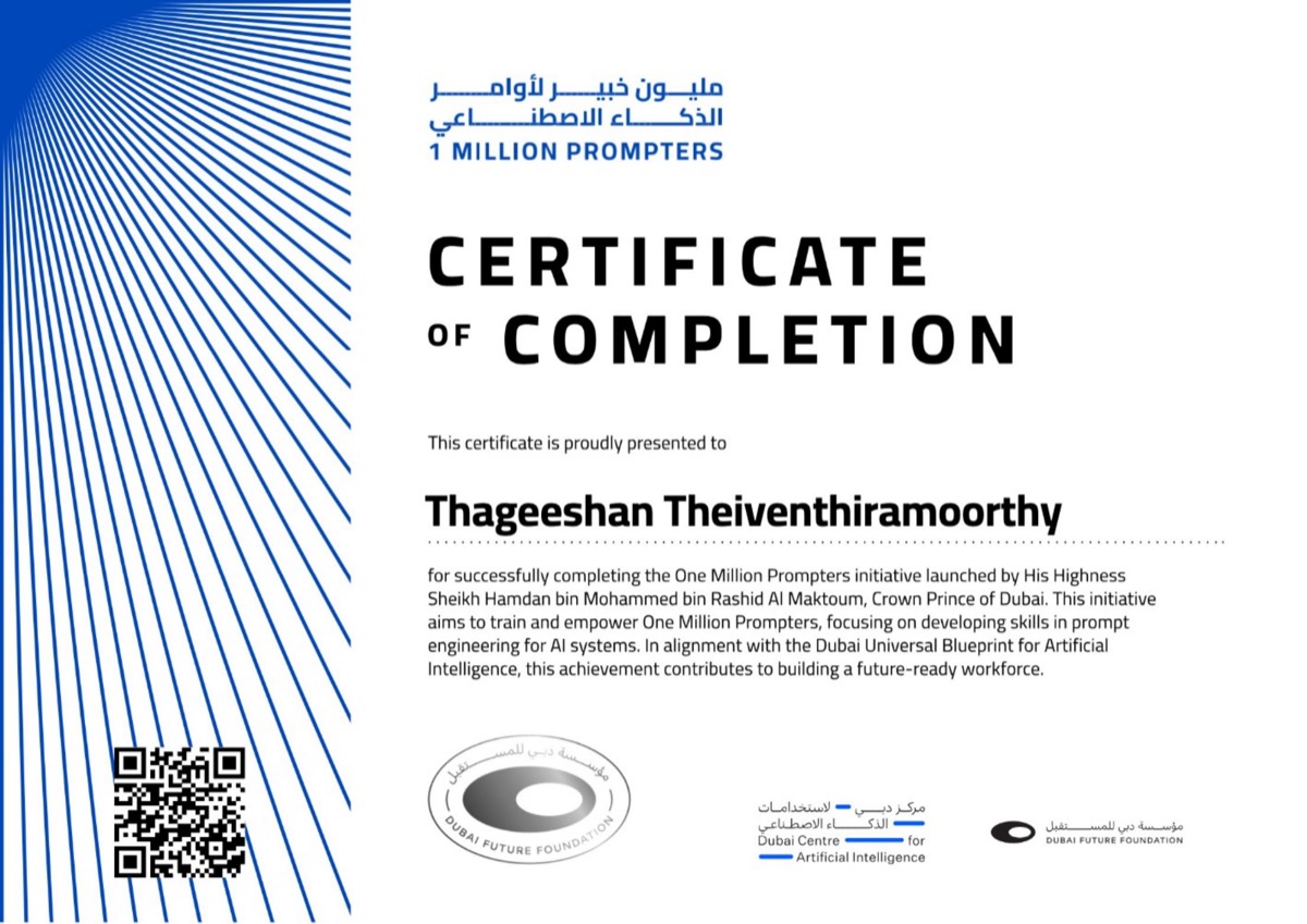 Certificate of Completion, 1 Million Prompters initiative by Dubai Future Foundation, issued to Thageeshan Theiventhiramoorthy